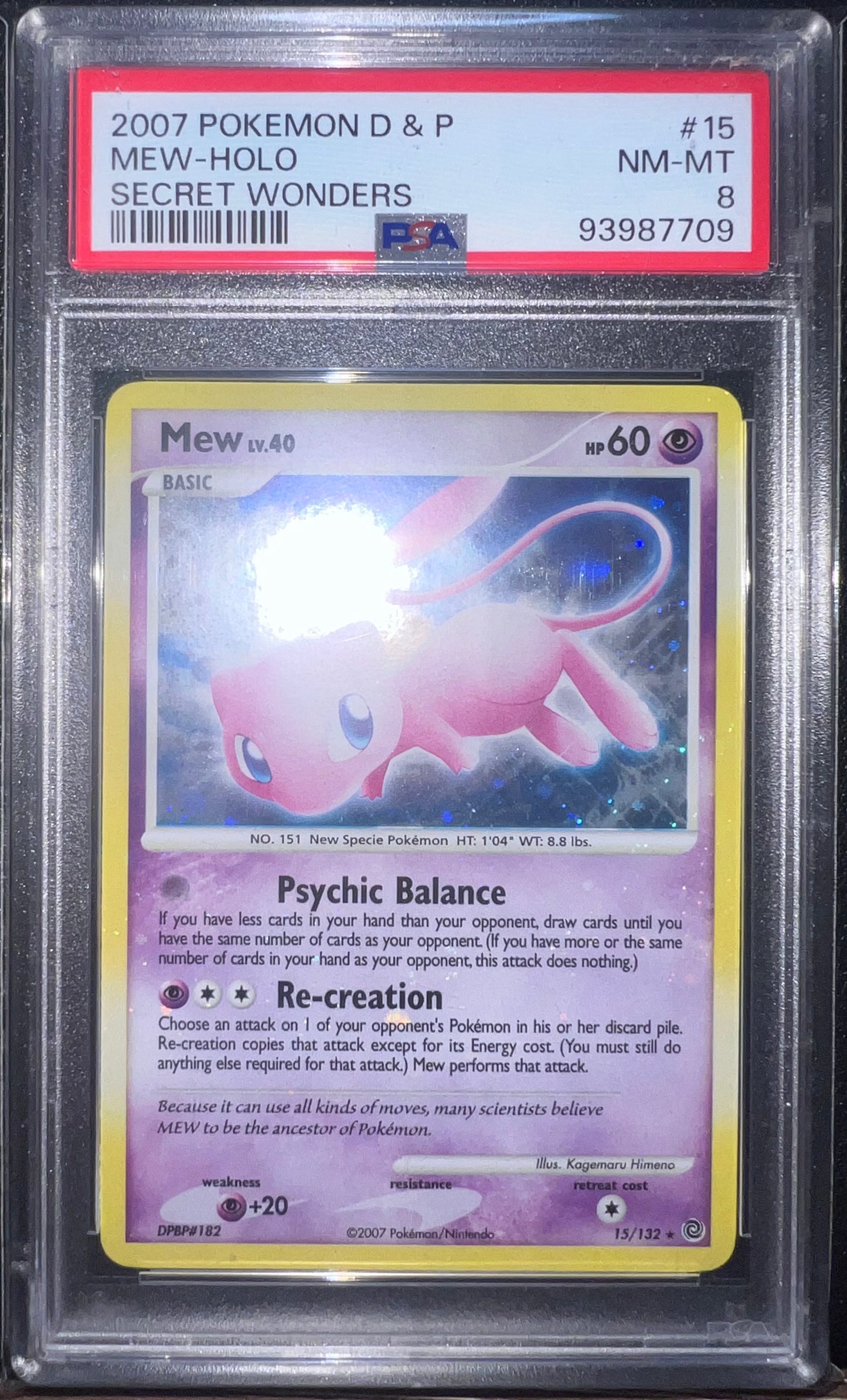 Mew 2007 Pokemon Diamond & Pearl Secret Wonders Holo Bleed w/ Tail Swirl PSA 8 #15