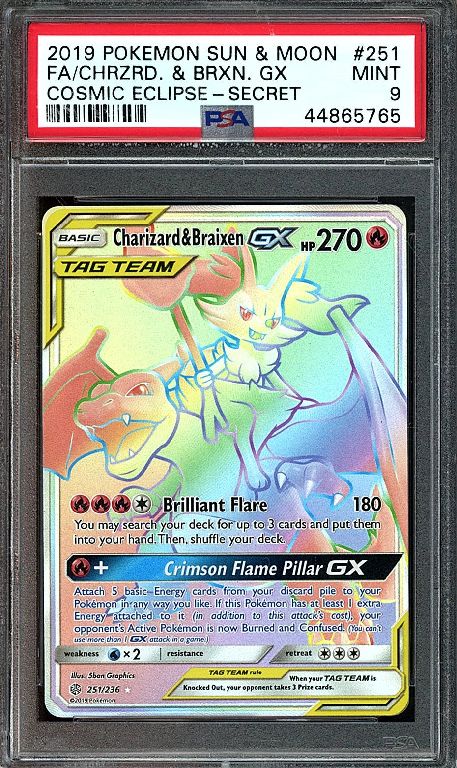 Charizard & Braixen GX 2019 Pokemon Sun & Moon Cosmic Eclipse Secret Rare PSA 9 #251