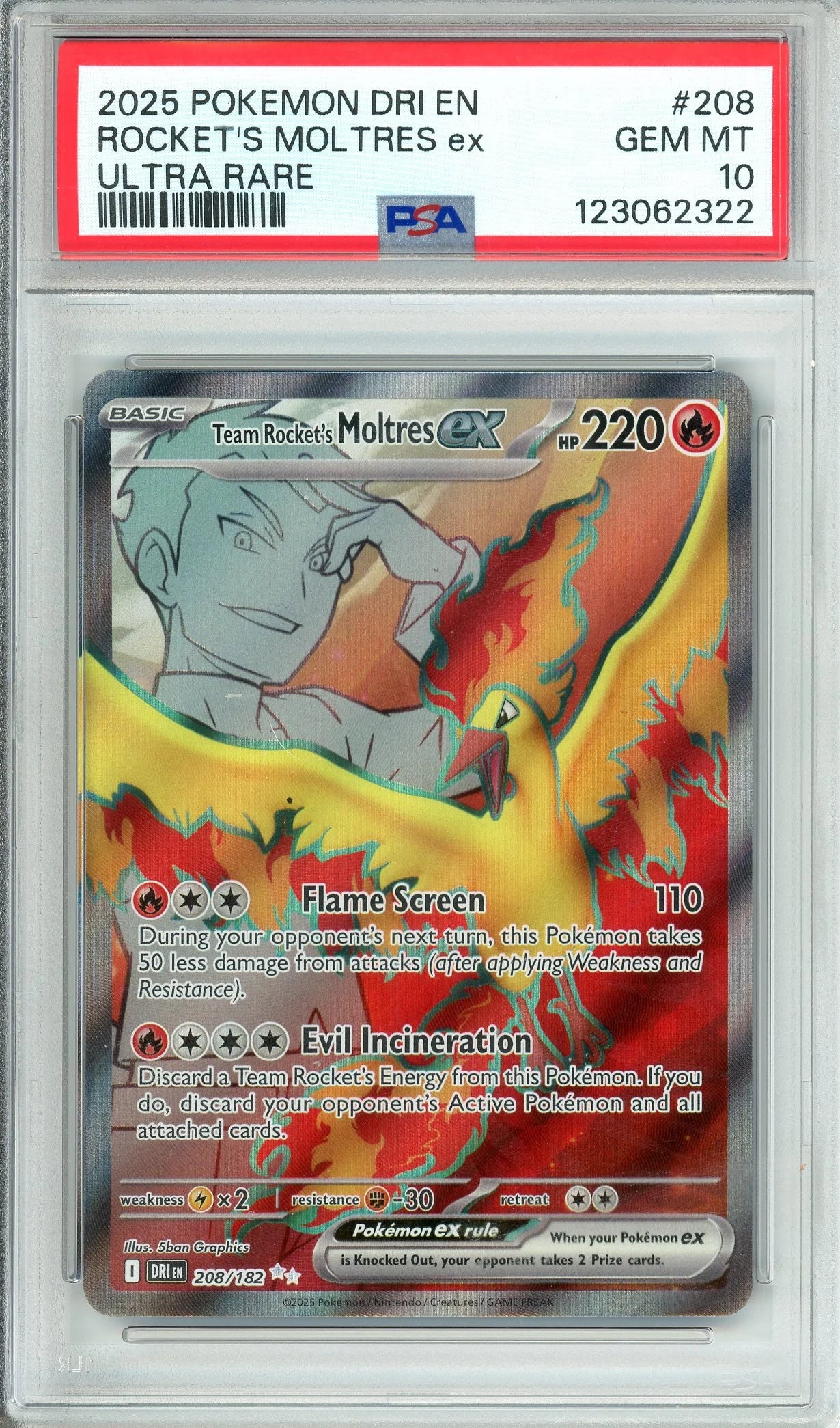 Team Rocket’s Moltres ex 2025 Pokemon Scarlet & Violet Destined Rivals Ultra Rare PSA 10 #208