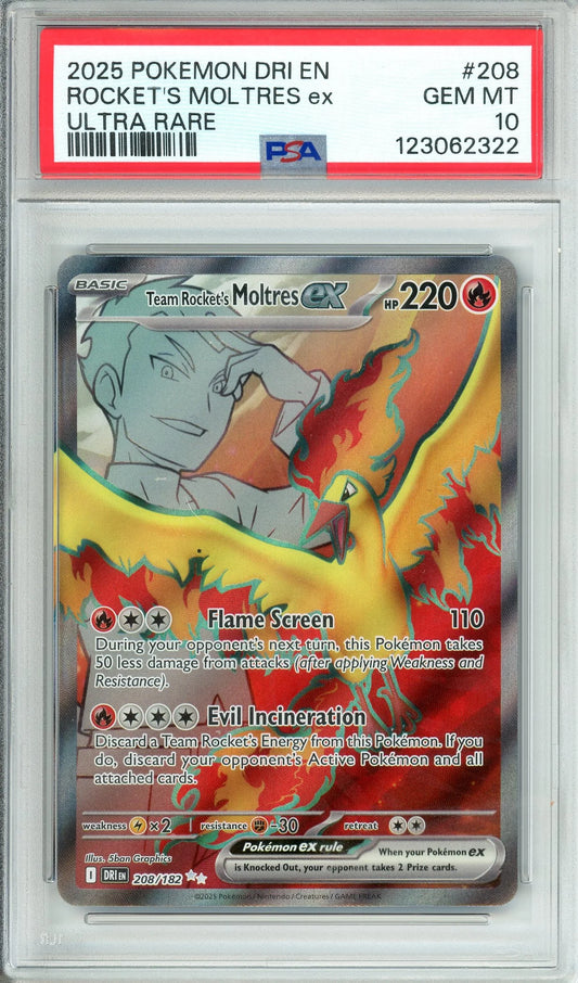 Team Rocket’s Moltres ex 2025 Pokemon Scarlet & Violet Destined Rivals Ultra Rare PSA 10 #208