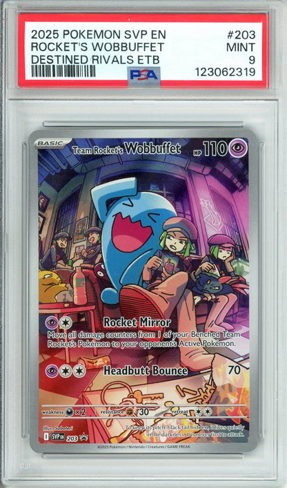 Team Rocket’s Wobbuffet 2025 Pokemon Scarlet & Violet Destined Rivals ETB Promo PSA 9 #203