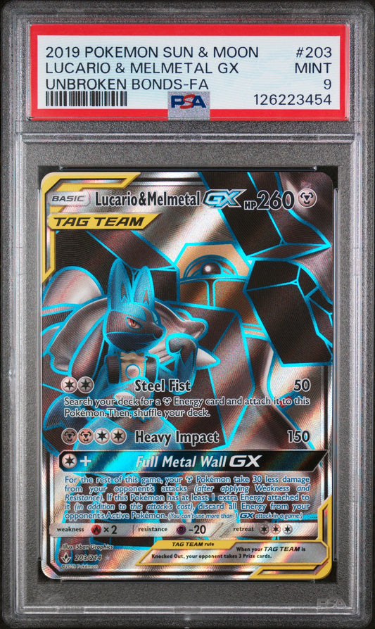 Lucario & Melmetal GX 2019 Pokemon Sun & Moon Unbroken Bonds Full Art PSA 9 #203