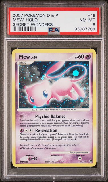 Mew 2007 Pokemon Diamond & Pearl Secret Wonders Holo Bleed w/ Tail Swirl PSA 8 #15