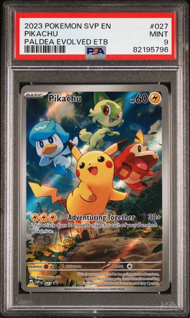 Pikachu 2023 Pokemon Sword & Shield Black Star Promo SVP027 Paldea Evolved ETB PSA 9
