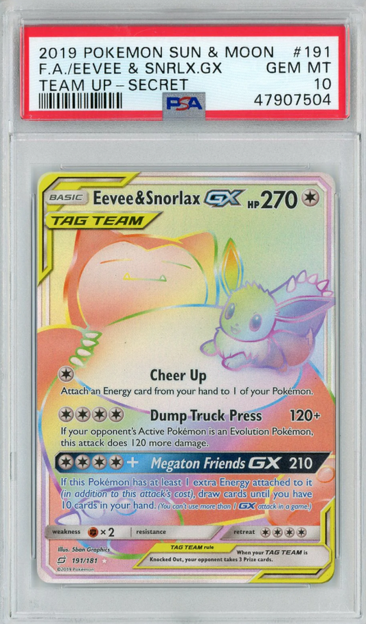 Eevee & Snorlax GX 2019 Pokemon Sun & Moon Team Up Secret Rare PSA 10 #191